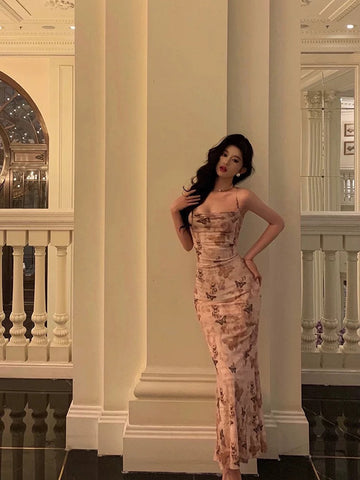 Sheath Spaghetti Straps Floral Pink Prom Dresses Birthday Outfits Evening Gown SD949